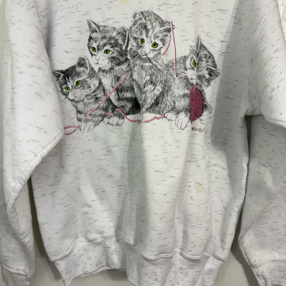 Vintage Oneita Sport Playful Kitten Grandmacore Crew Neck Collared Sweatshirt - Picture 4 of 11